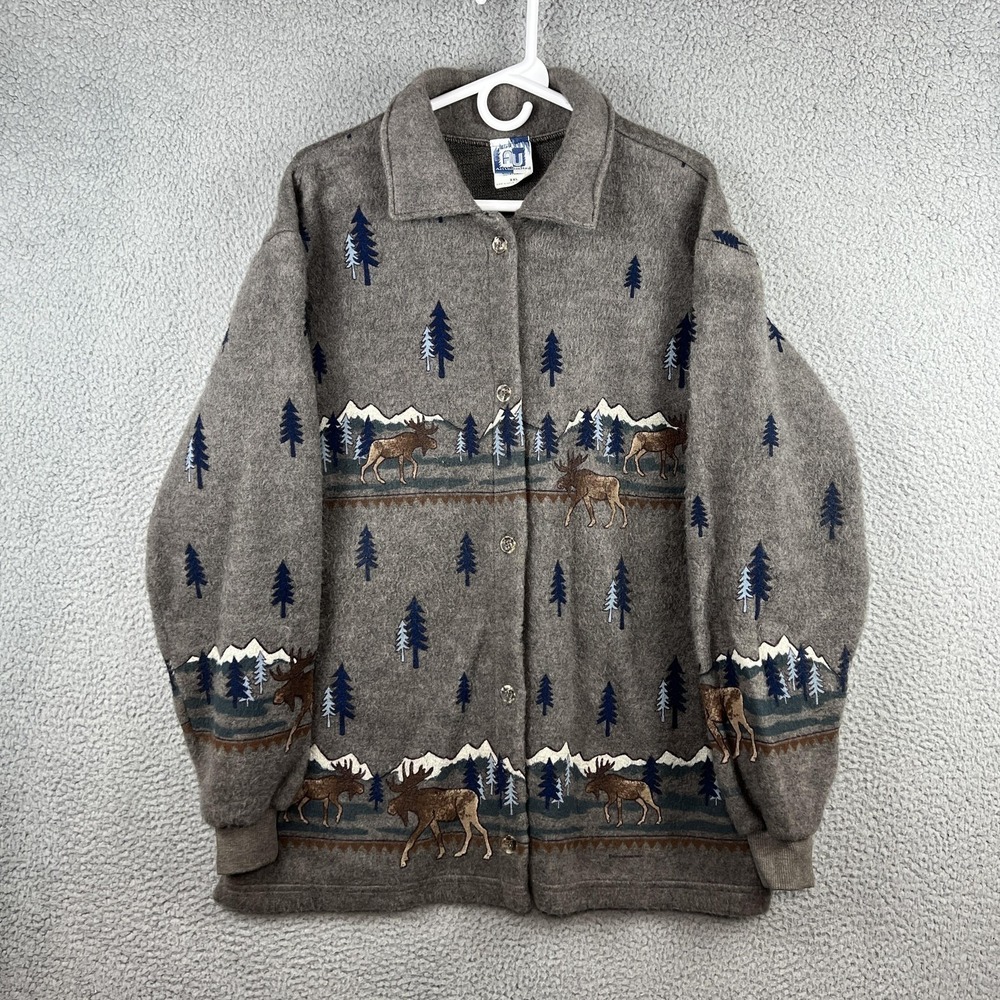 Art‎ Unlimited Cardigan Sweater Womens 2XL Gray Moose Mountain Forest Print USA